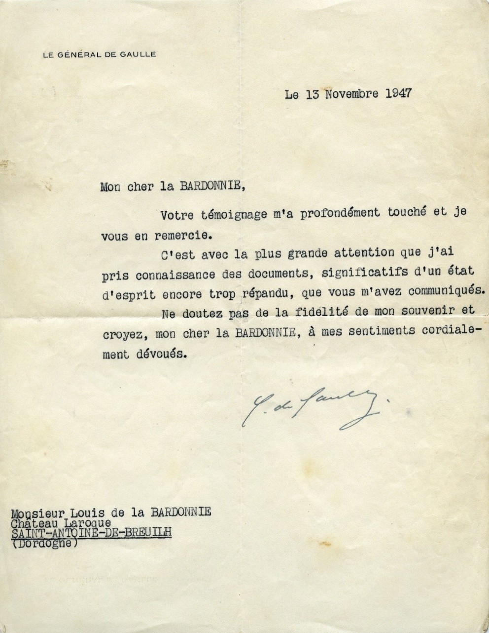 Lettre De Gaulle novembre 1947